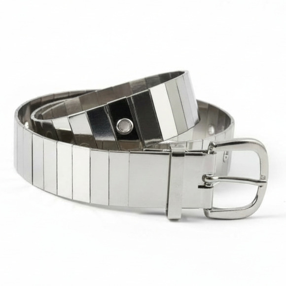 Vintage Mirror Segment Belt Silver Y2K Chrome Metal Shiny Futuristic Chic Small - Picture 1 of 16